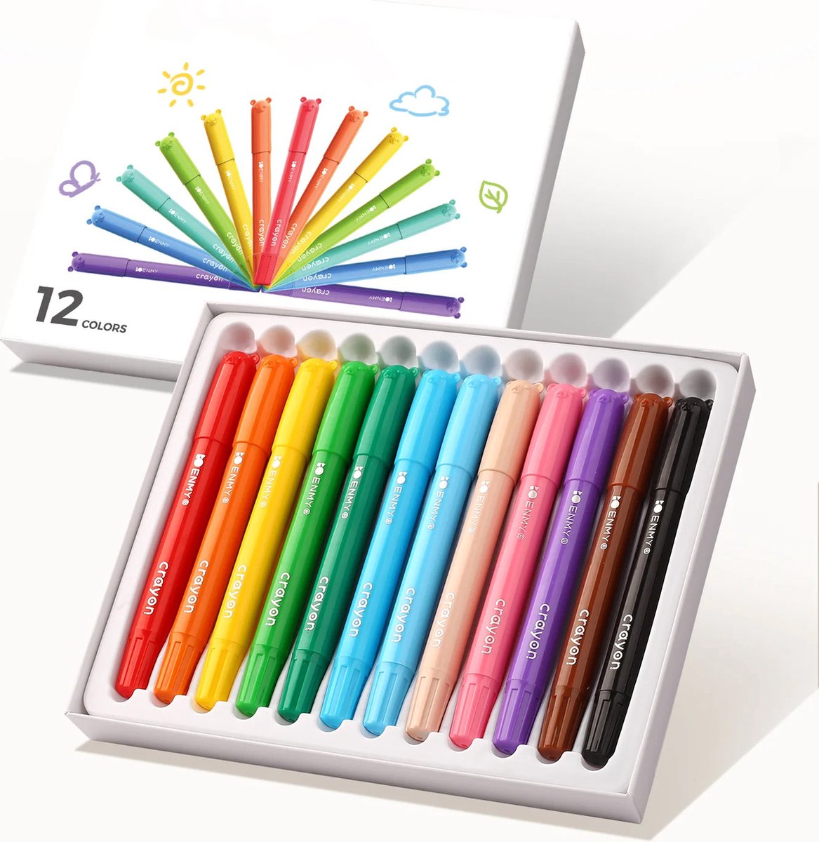 Ainy - Waskrijten set van 12 kleuren | waskrijt met kunststof omhulsel voor kinderen | Kleuren stiften | handen blijven schoon met tekenen